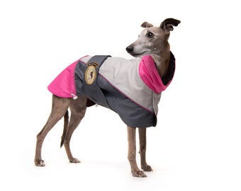 Greyhound Lurcher & Whippet Lightweight Waterproof Rain Coat/Jacket; with chest bib, fully lined, Greyt Sweaters. Hot Pink/Grey Colour
