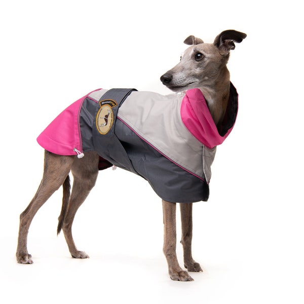 Greyhound Lurcher & Whippet Lightweight Waterproof Rain Coat/Jacket; with chest bib, fully lined, Greyt Sweaters. Hot Pink/Grey Colour