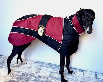 Greyhound Lurcher & Whippet Padded Winter Jacket with chest bib, fleece lined, waterproof. Greyt Sweaters. NEW COLOUR COMBO! Black/Wine