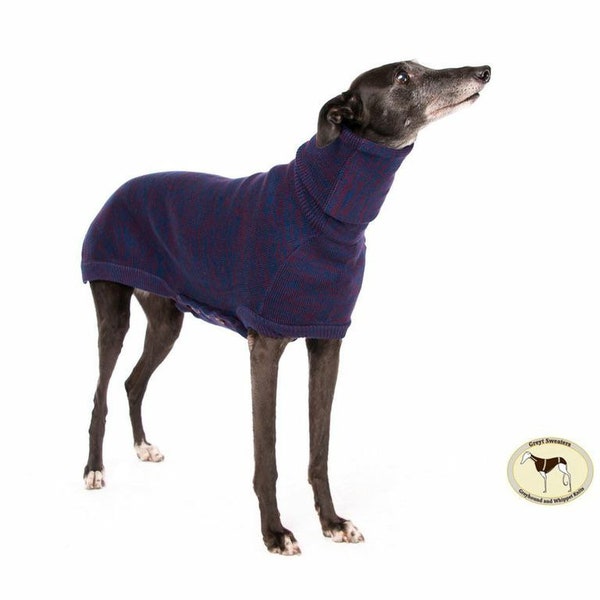 Greyhounds, Lurchers & Whippets, Knitted Sweater, Jumper, Coat: Brindle Design, Greyt Sweaters. Blue/Wine Brindle