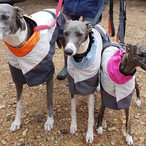 Greyhound Lurcher & Whippet Lightweight Waterproof Rain Coat/Jacket with chest bib, fully lined, Greyt Sweaters. Orange/Grey Colour image 4