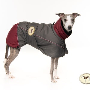 Greyhound Lurcher & Whippet Padded Winter Jacket with chest bib, fleece lined, waterproof. Greyt Sweaters. Burgundy/Grey Colour