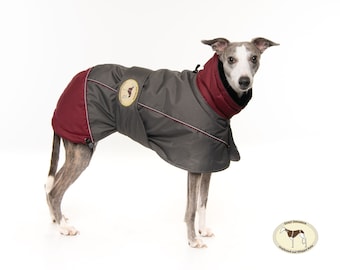 Greyhound Lurcher & Whippet Padded Winter Jacket with chest bib, fleece lined, waterproof. Greyt Sweaters. Burgundy/Grey Colour