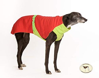 T-Shirt/Sweatshirt Coat for Greyhounds, Lurchers & Whippets, Greyt Sweaters. Red/Lime Green Colour