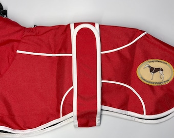 Italian Greyhound Lightweight Waterproof Rain Mac/Rain Jacket; fully lined, Greyt Sweaters. Crimson Red