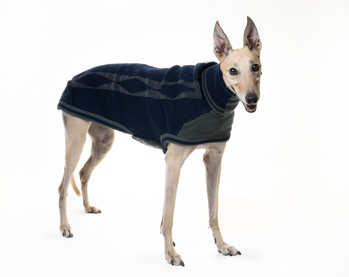Knitted Sweater/Jumper/Coat for Greyhounds, Lurchers & Whippets, Diamond Design, Greyt Sweaters. Azure Blue colour
