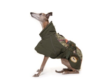 Greyhound Lurcher & Whippet Soft Shell Camo Coat with chest bib, fleece lined, waterproof. Greyt Sweaters. Sage Green Colour