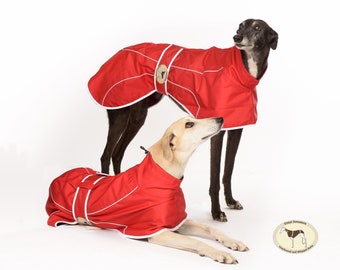 Greyhound, Lurcher & Whippet Lightweight Waterproof Rain Mac/Rain Jacket; fully lined, Greyt Sweaters. Crimson Red