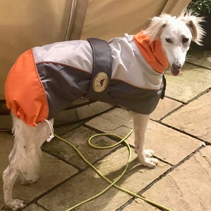 Greyhound Lurcher & Whippet Lightweight Waterproof Rain Coat/Jacket with chest bib, fully lined, Greyt Sweaters. Orange/Grey Colour image 5