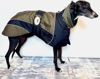 Greyhound Lurcher & Whippet Padded Winter Jacket with chest bib, fleece lined, waterproof. Greyt Sweaters. NEW COLOUR COMBO! Black/Khaki