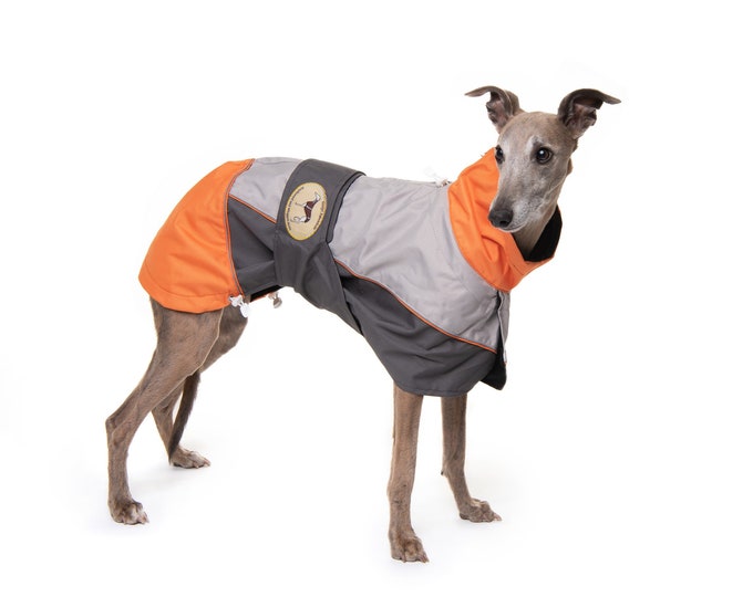 Greyhound Lurcher & Whippet Lightweight Waterproof Rain Coat/Jacket; with chest bib, fully lined, Greyt Sweaters. Orange/Grey Colour