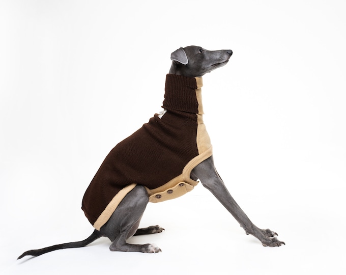 Knitted Sweater/Jumper/Coat for Greyhounds, Lurchers & Whippets, Contrast Design, Greyt Sweaters. Brown/Beige Contrast