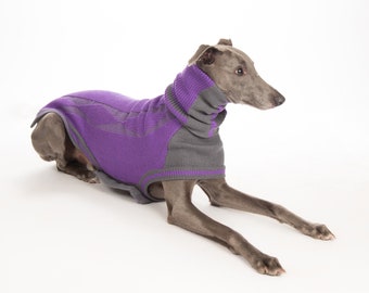 Knitted Sweater/Jumper/Coat for Greyhounds, Lurchers & Whippets, Diamond Design, Greyt Sweaters. Purple colour