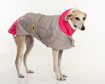 Greyhound Lurcher & Whippet Padded Winter Jacket with chest bib, fleece lined, waterproof. Greyt Sweaters *NEW COLOUR Light Grey/Hot Pink*