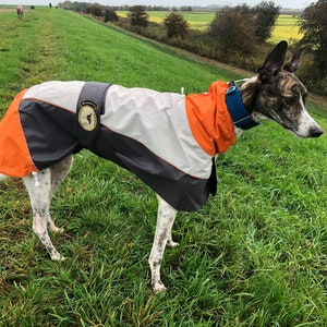 Greyhound Lurcher & Whippet Lightweight Waterproof Rain Coat/Jacket with chest bib, fully lined, Greyt Sweaters. Orange/Grey Colour image 10