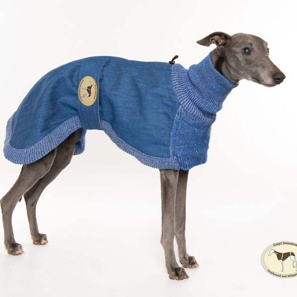 Jumper/Sweater/Coat for Greyhounds, Lurchers, Whippets, Denim with Knitted Collar & Trim, Fleece lined