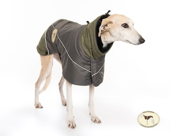 Greyhound Lurcher & Whippet Padded Winter Jacket with chest bib, fleece lined, waterproof. Greyt Sweaters. Olive Green/Grey