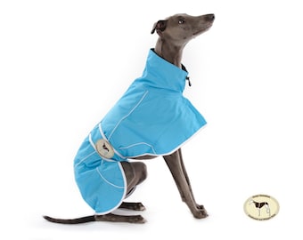 Greyhound, Lurcher & Whippet Lightweight Waterproof Rain Mac/Rain Jacket; fully lined, Greyt Sweaters. Ferozi Blue Colour