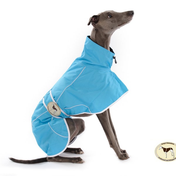 Windhund, Lurcher & Whippet leichte wasserdichte Regenjacke; komplett gefüttert, Greyt Pullover. Ferozi Blaue Farbe