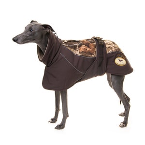 Greyhound, Lurcher & Whippet Soft Shell Woodland Print Coat, with chest bib, fleece lined, waterproof. Chestnut Brown.