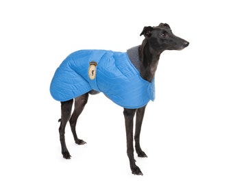 Greyhound Lurcher & Whippet Waterproof Quilted Coat, Hound Jacket, Fully lined, Greyt Sweaters. Sky Blue with grey faux sheepskin lining