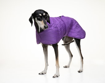 Greyhound Lurcher & Whippet Waterproof Quilted Coat, Hound Jacket, Fully lined, Greyt Sweaters. Purple with grey faux sheepskin lining