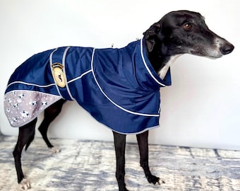 Greyhound, Lurcher & Whippet Lightweight Waterproof Rain Mac/Rain Jacket; fully lined, Greyt Sweaters. NEW DESIGN: Navy Umbrella Print