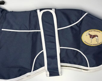 Italian Greyhound Lightweight Waterproof Rain Mac/Rain Jacket; fully lined, Greyt Sweaters. Navy Blue