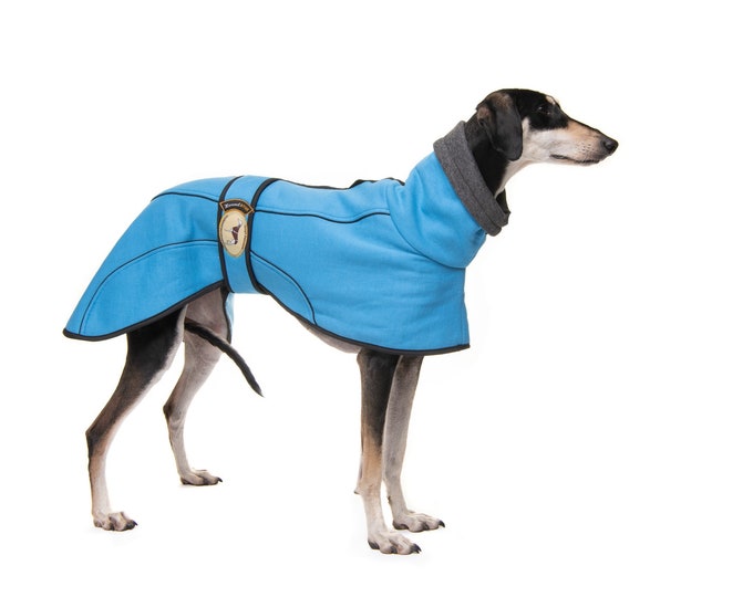 Greyhound Lurcher & Whippet Jersey Fleece House Coat,  fully lined, Greyt Sweaters. Sky Blue Colour