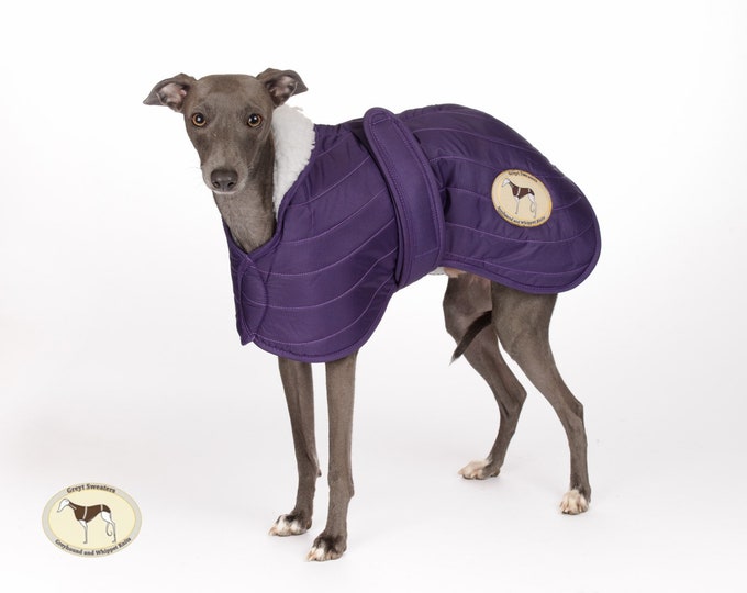 Italian Greyhound Quilted Coat, Waterproof Jacket, Fully lined, Greyt Sweaters. Purple with Cream faux sheepskin lining