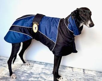 Greyhound Lurcher & Whippet Padded Winter Jacket with chest bib, fleece lined, waterproof. Greyt Sweaters. NEW COLOUR COMBO! Black/Indigo