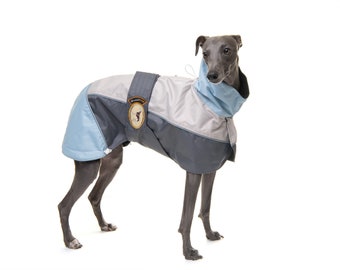 Greyhound Lurcher & Whippet Lightweight Waterproof Rain Coat/Jacket; with chest bib, fully lined, Greyt Sweaters. Powder Blue/Grey Colour