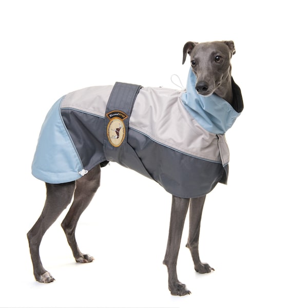 Greyhound Lurcher & Whippet Lightweight Waterproof Rain Coat/Jacket; with chest bib, fully lined, Greyt Sweaters. Powder Blue/Grey Colour