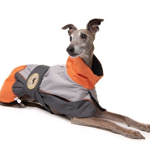 Greyhound Lurcher & Whippet Lightweight Waterproof Rain Coat/Jacket with chest bib, fully lined, Greyt Sweaters. Orange/Grey Colour image 2