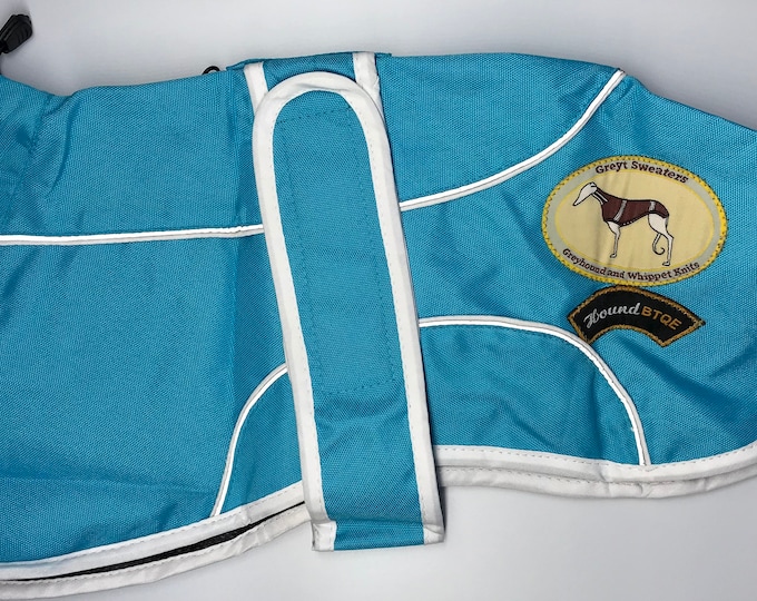 Italian Greyhound Lightweight Waterproof Rain Mac/Rain Jacket; fully lined, Greyt Sweaters. Ferozi Blue