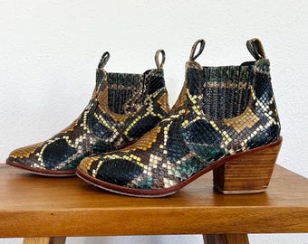 Vintage Y2k Genuine snakeskin leather ankle boots booties multicolor