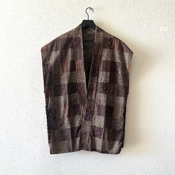 VINTAGE Japanese vest waistcoat kimono sleeveless cotton woven brown noragi haori kendo gi 1960s 1970s 70s mens womens short lined jacket