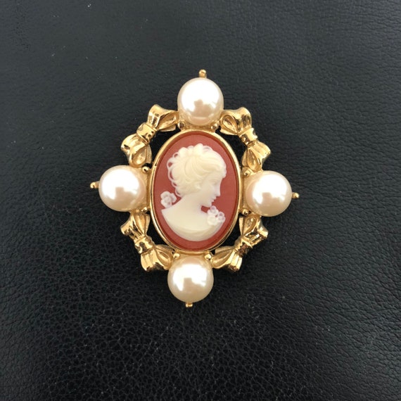 Cameo, Brooch, pendant, (faux), pearl, bows, vict… - image 3