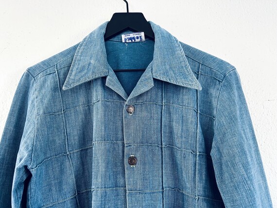 70s vintage window pane patchwork denim shirt jac… - image 2