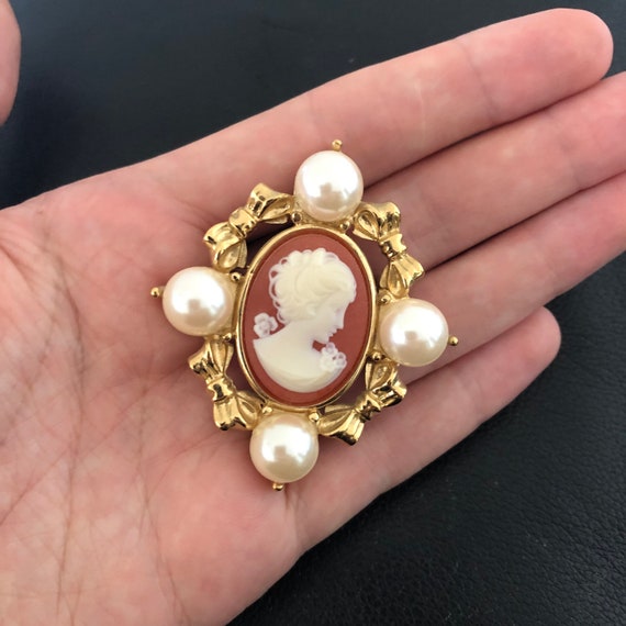 Cameo, Brooch, pendant, (faux), pearl, bows, vict… - image 2