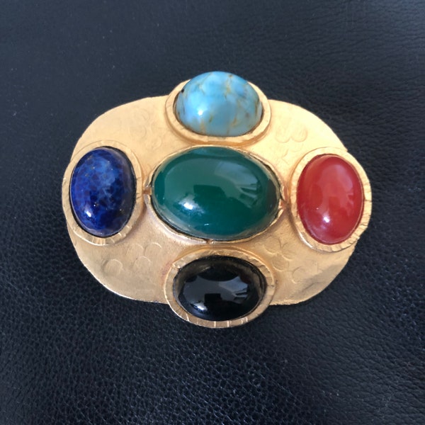 designer, semi-precious, gem stone, brooch, pin, gold, museum reproduction, Etruscan, Lapis, Carnelian, onyx, shield, hammered texture