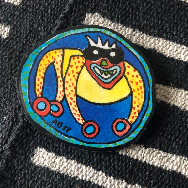 80s, pin, brooch, Keith Haring, Memphis, gorilla, baboon, roller skate, skateboarding, punk, santa cruz,cartoon, art, monkey, animal, skater