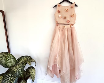 Vintage Y2K Silk Organza Wedding Dress Set: Raffia Floral, Champagne Pink