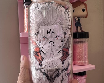 16oz Glass can anime inspired- Sukunas Jujutsu Kaisen King of Curses Gift 16oz anime cup Itadori Juji Lord of Demons sorcerer
