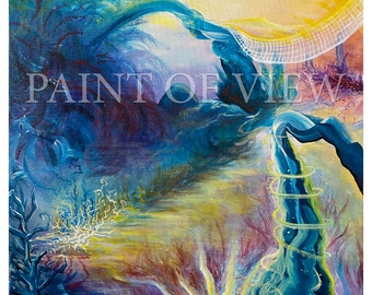 Paisaje mágico psicodélico abstracto, pintura imprimible, archivo digital de alta calidad, descarga instantánea.