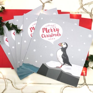 Paquet de 5 macareux dit joyeux Noël, carte de vœux macareux, carte de Noël macareux, jolie carte de vœux, macareux, carte de Noël aquarelle, carte oiseau