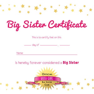 Big Sister Certificate, Cirtificate for Older Sibling, Older Sibling ...