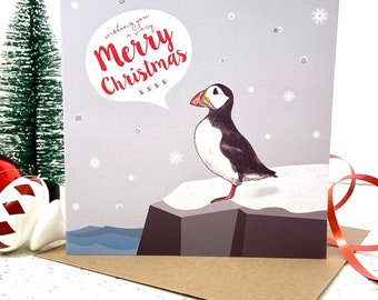 Puffin Says Merry Christmas, Puffin Holiday Card, Puffin Christmas Card, Cute Holiday Card, Puffin, Watercolor Xmas Card, Bird Card