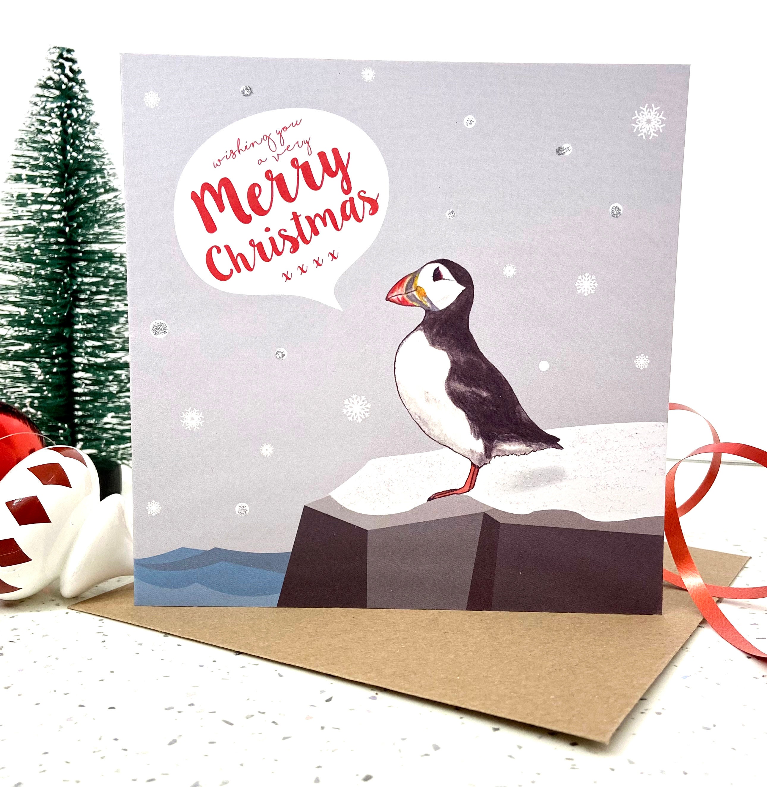 Puffin Says Merry Christmas, Puffin Holiday Card, Puffin Christmas Card, Cute Holiday Card, Puffin, Watercolor Xmas Card, Bird Card