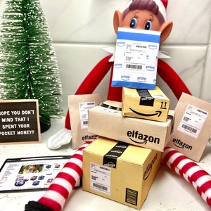 Compras de duendes, accesorios de duende, paquetes de Elfazon, accesorios imprimibles de duende para hacer uno mismo, paquetes navideños de duendes, mini cajas, mini paquetes, entregas pequeñas